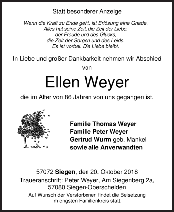 Traueranzeige von Ellen Weyer von Siegener Zeitung