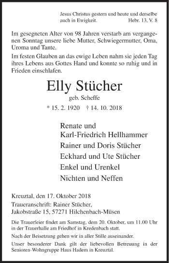Traueranzeige von Elly Stücher von Siegener Zeitung