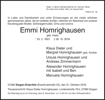 Traueranzeige von Emmi Homrighausen von Siegener Zeitung