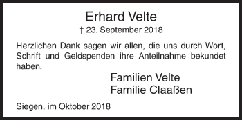 Traueranzeige von Erhard Velte von Siegener Zeitung