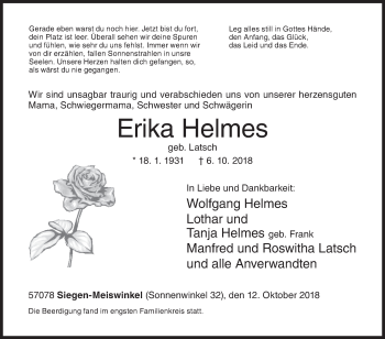 Traueranzeige von Erika Helmes von Siegener Zeitung