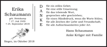 Traueranzeige von Erika Schaumann von Siegener Zeitung