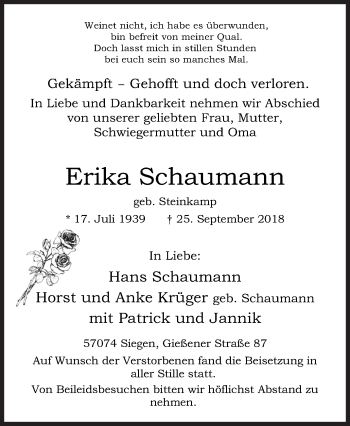 Traueranzeige von Erika Schaumann von Siegener Zeitung