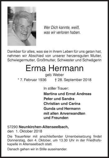 Traueranzeige von Erma Hermann von Siegener Zeitung
