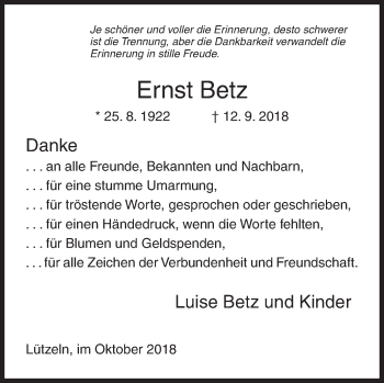 Traueranzeige von Ernst Betz von Siegener Zeitung