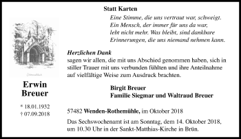 Traueranzeige von Erwin Breuer von Siegener Zeitung