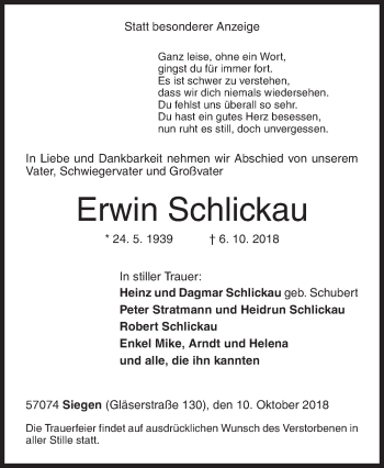 Traueranzeige von Erwin Schlickau von Siegener Zeitung