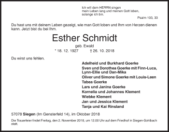 Traueranzeige von Esther Schmidt von Siegener Zeitung