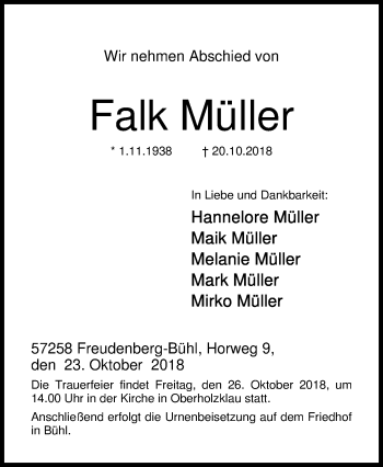 Traueranzeige von Falk Müller von Siegener Zeitung