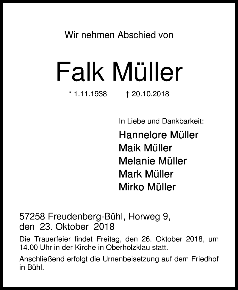  Traueranzeige für Falk Müller vom 23.10.2018 aus Siegener Zeitung