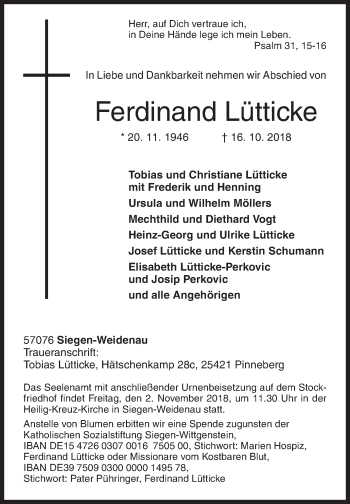 Traueranzeige von Ferdinand Lütticke von Siegener Zeitung