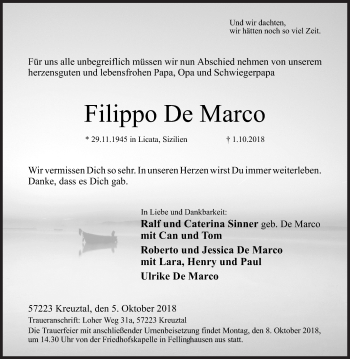 Traueranzeige von Filippo De Marco von Siegener Zeitung