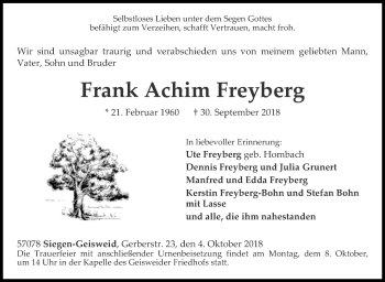 Traueranzeige von Frank Achim Freyberg von Siegener Zeitung