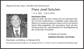 Traueranzeige von Franz Josef Schuhen von Siegener Zeitung
