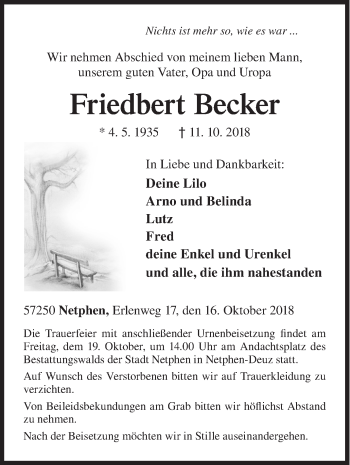 Traueranzeige von Friedbert Becker von Siegener Zeitung