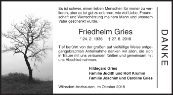 Traueranzeige von Friedhelm Gries von Siegener Zeitung