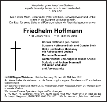 Traueranzeige von Friedhelm Hoffmann von Siegener Zeitung