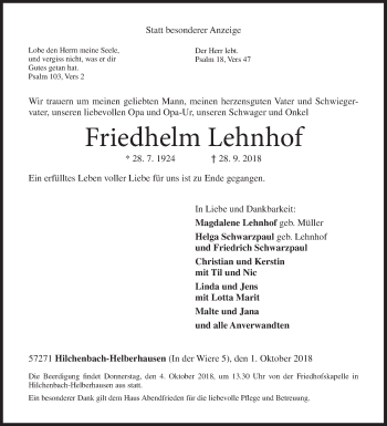 Traueranzeige von Friedhelm Lehnhof von Siegener Zeitung