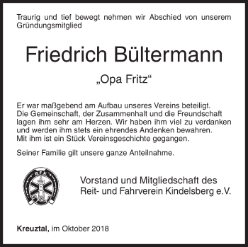Traueranzeige von Friedrich Bültermann von Siegener Zeitung
