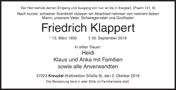 Traueranzeige von Friedrich Klappert von Siegener Zeitung