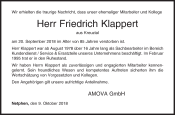 Traueranzeige von Friedrich Klappert von Siegener Zeitung