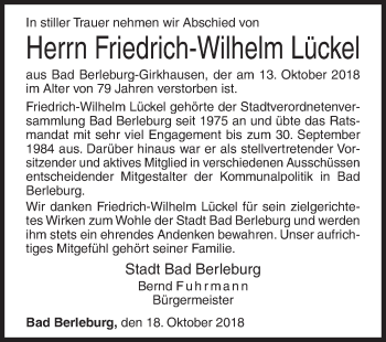 Traueranzeige von Friedrich-Wilhelm Lückel von Siegener Zeitung