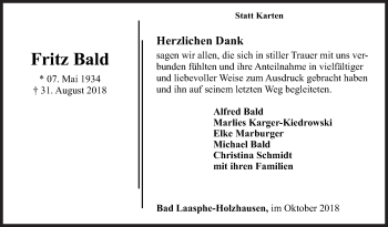 Traueranzeige von Fritz Bald von Siegener Zeitung