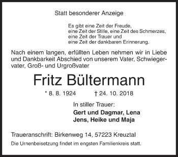 Traueranzeige von Fritz Bültermann von Siegener Zeitung