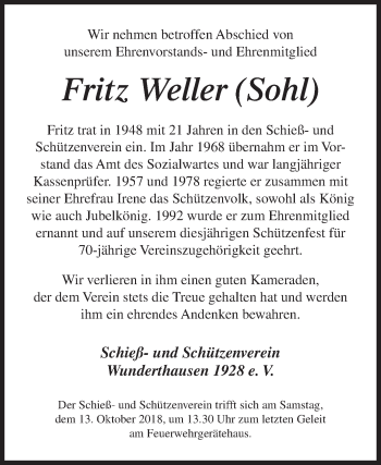Traueranzeige von Fritz Weller von Siegener Zeitung