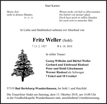 Traueranzeige von Fritz Weller von Siegener Zeitung
