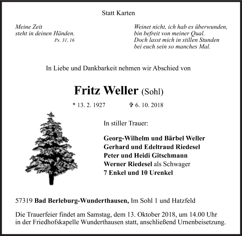 Traueranzeige für Fritz Weller vom 09.10.2018 aus Siegener Zeitung