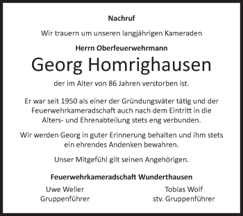 Traueranzeige von Georg Homrighausen von Siegener Zeitung