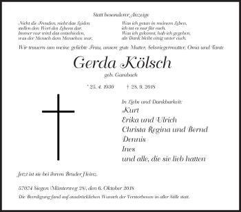 Traueranzeige von Gerda Kölsch von Siegener Zeitung