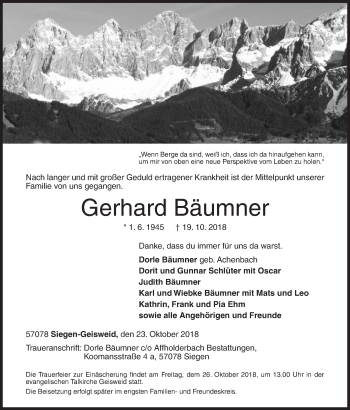 Traueranzeige von Gerhard Bäumner von Siegener Zeitung