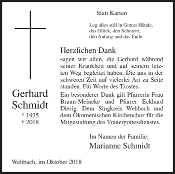 Traueranzeige von Gerhard Schmidt von Siegener Zeitung