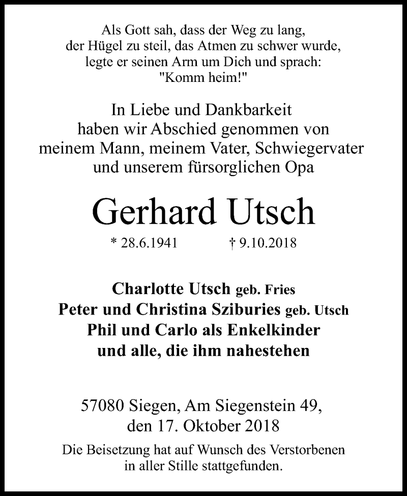  Traueranzeige für Gerhard Utsch vom 17.10.2018 aus Siegener Zeitung