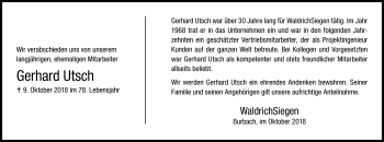 Traueranzeige von Gerhard Utsch von Siegener Zeitung