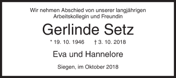 Traueranzeige von Gerlinde Setz von Siegener Zeitung