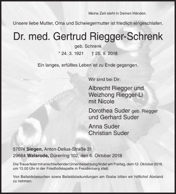 Traueranzeige von Gertrud Riegger-Schrenk von Siegener Zeitung