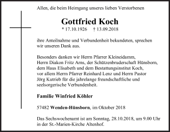 Traueranzeige von Gottfried Koch von Siegener Zeitung