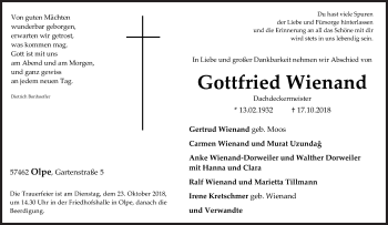 Traueranzeige von Gottfried Wienand von Siegener Zeitung