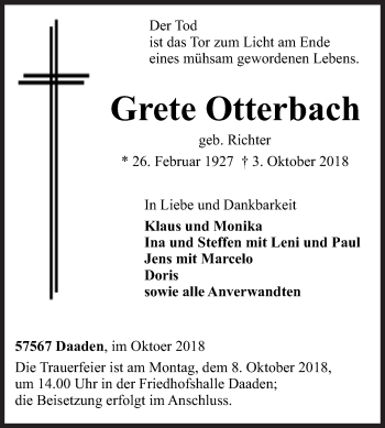 Traueranzeige von Grete Otterbach von Siegener Zeitung
