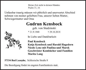 Traueranzeige von Gudrun Kensbock von Siegener Zeitung