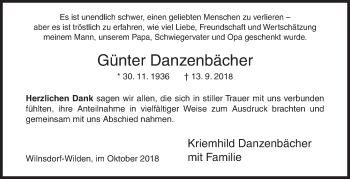 Traueranzeige von Günter Danzenbächer von Siegener Zeitung