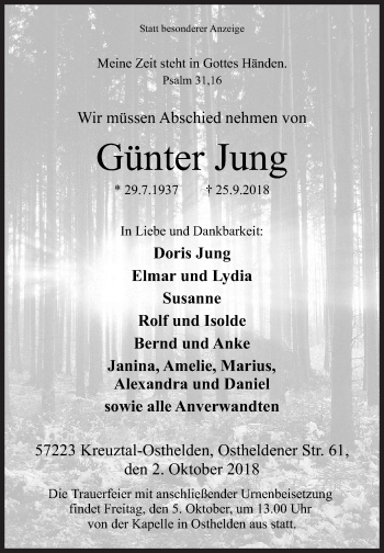 Traueranzeige von Günter Jung von Siegener Zeitung
