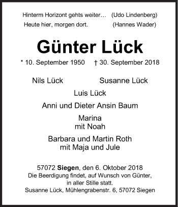 Traueranzeige von Günter Lück von Siegener Zeitung