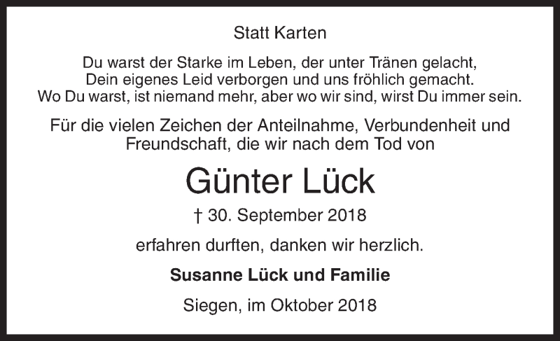  Traueranzeige für Günter Lück vom 27.10.2018 aus Siegener Zeitung