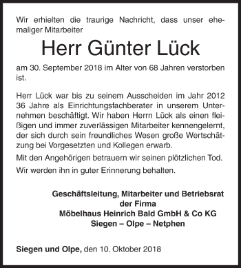 Traueranzeige von Günter Lück von Siegener Zeitung