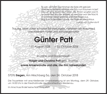 Traueranzeige von Günter Patt von Siegener Zeitung