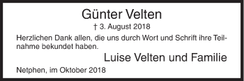 Traueranzeige von Günter Velten von Siegener Zeitung